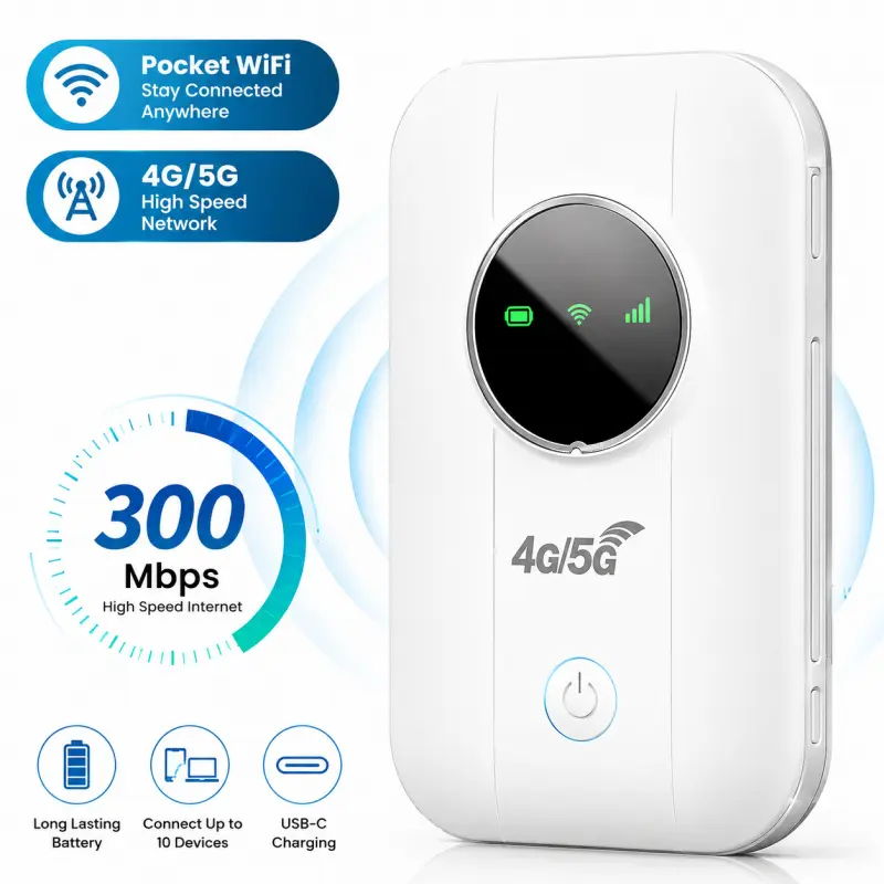 2026 5G Portable WiFi Hotspot 4G LTE Mobile Hotspot Router Worldwide Portable Router Supports 10 Users at The Same Time 300Mbps High Speed 2100mAh Long Lasting Battery White Pocket Wireless Network Device Perfect for Daily Outdoor Travel Business Officete