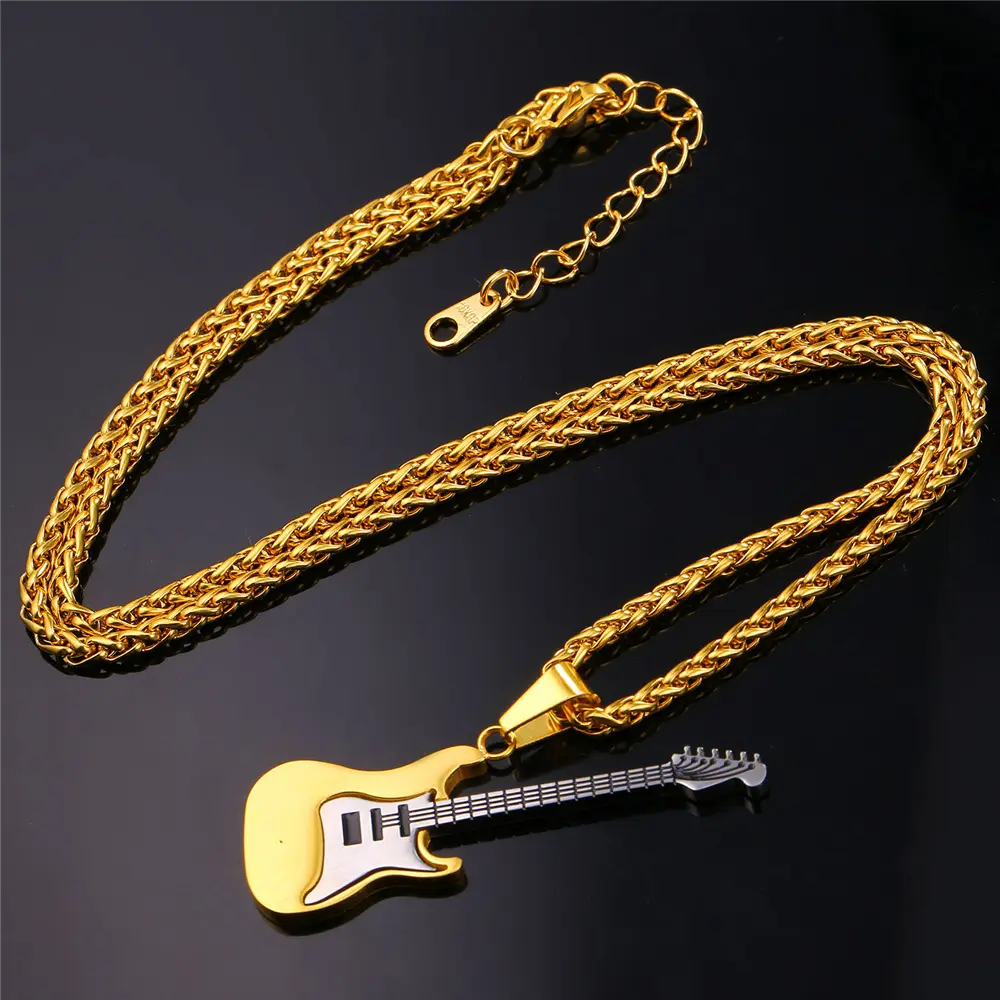 U7 Unisex Rock Electric Guitar Pendant Necklace, Hypoallergenic Long Lasting Stainless Steel Music Jewelry, 20 Inches + 2 Inch Extending Daily Accessory, Unique Musical Charm