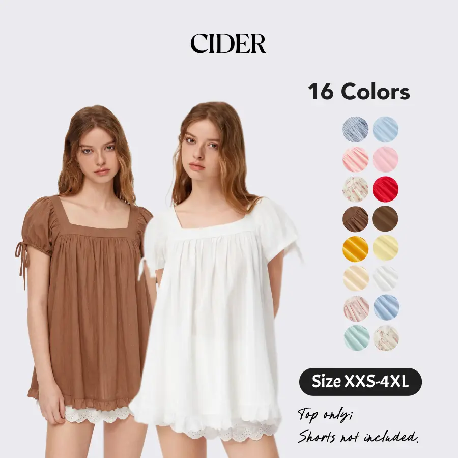Cider Square Neck Solid Ruffle Knotted Short Sleeve Blouse - Casual Womenswear Summer Top with Puff Sleeves and Fitted Fit Shirts SohoChic