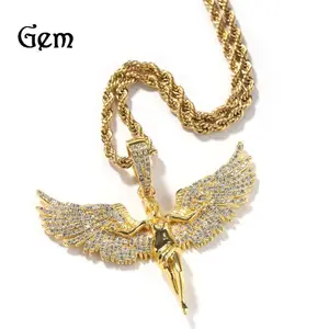 Cross-Border Jewelry from Europe & the U.S., Retro Neutral Style, Gold Gemstone Angel Wings, Unisex Rap/Hip Hop Necklace, Wholesale