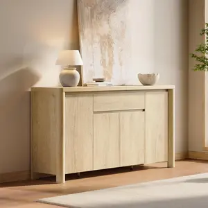 ModernMate 62.4" Sideboard Buffet Cabinet with Drawer 4 Doors Heavy-Duty Accent Console Table Large Round Legs Natural Oak Finish for Dining Room Living Room Entryway