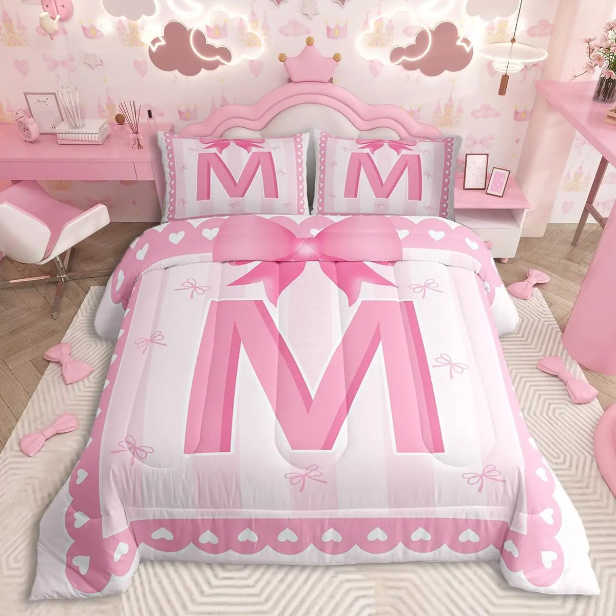 Pink Bow Bedding Set Bow Coquette Comforter Set,Initial Letter M Ultra Soft Duvet Quilt,Butterfly Knot Princess Comforter Personalized Letter M Bedroom Decor