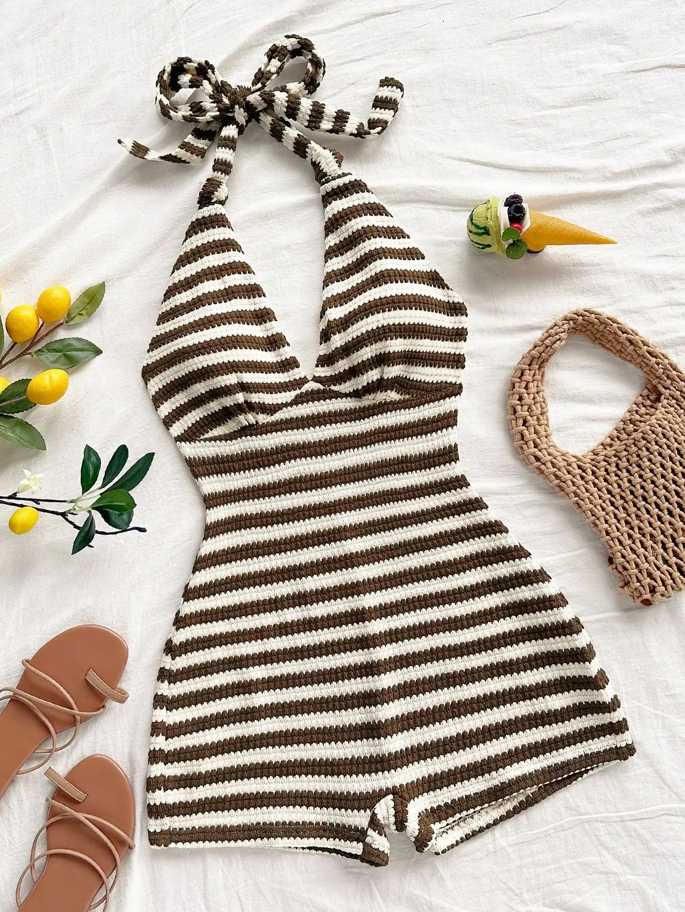 LALUZ Women's Ribbed Striped Knit Overalls - Halter Neck, Deep V-Neck, Backless, Tie-Front Knot, Slim-Fit, Textured, White & Brown/Red & White, Boho Beach Holiday Summer Playsuit, Xs