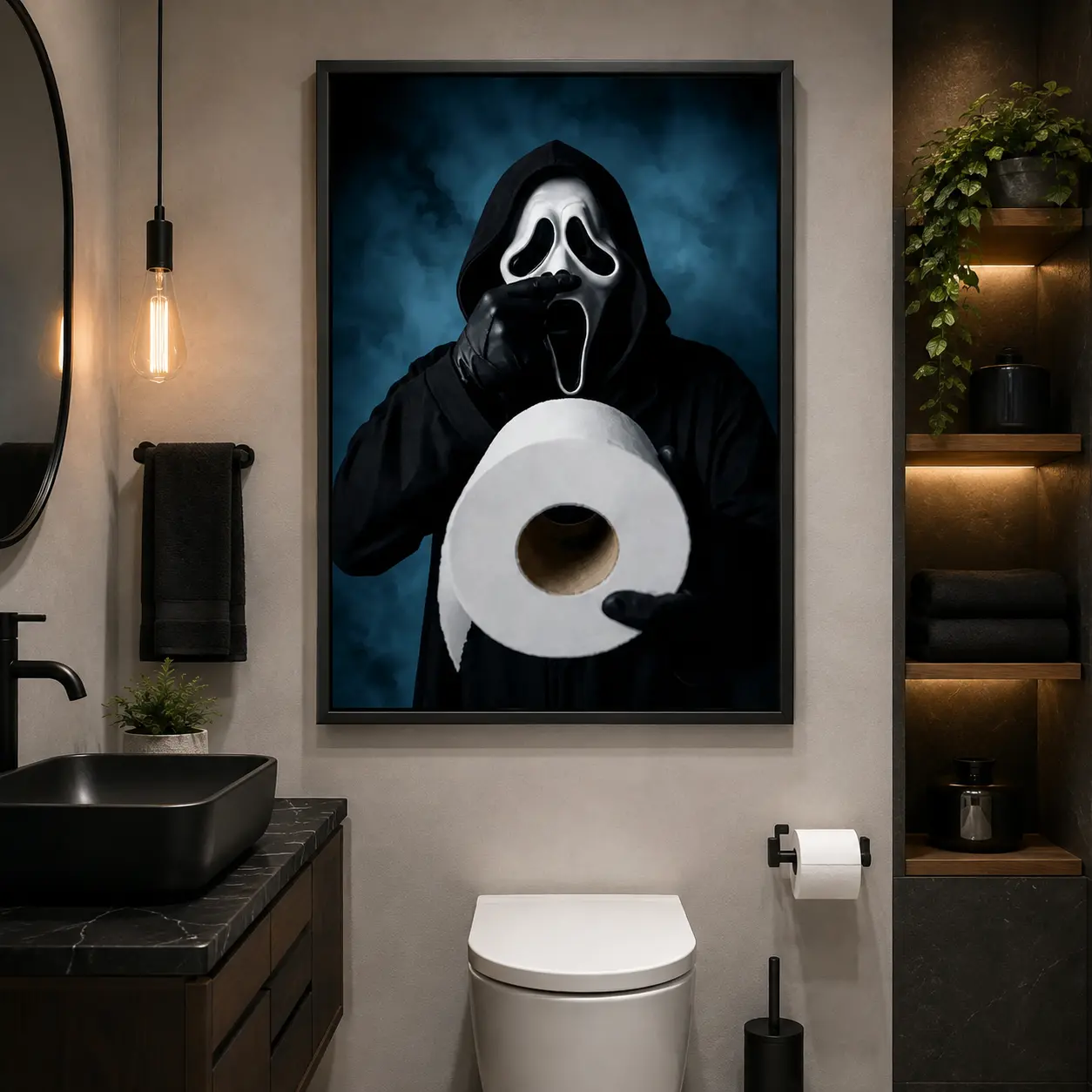 Funny Ghostface Holding Toilet Paper Framed Canvas Print - Scream-Inspired Horror Mask Poster, Spooky Gothic Wall Decor, Fun Halloween Art for Bathroom Decoration