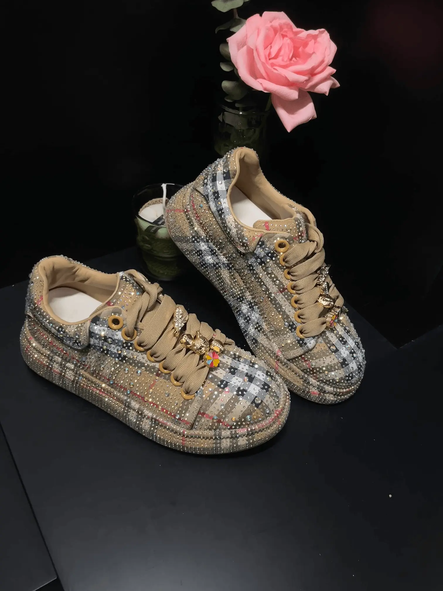 【Deals for You Days】Women's Rhinestone Plaid Casual Trainers - Athletic, Modest Ankle, Cute Lace-Up Walking Shoes, Sparkling Lightweight Party Footwear, 2026 Trendy Sneakers Casual Trendy Trainers Casual Lifestyle Footwear