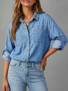 EMMIOL Women Oversized Denim Shirt Jacket Long Sleeve Button Down Distressed Vintage Blue Jean Jacket Streetwear Summer Vibes Womenswear Shacket