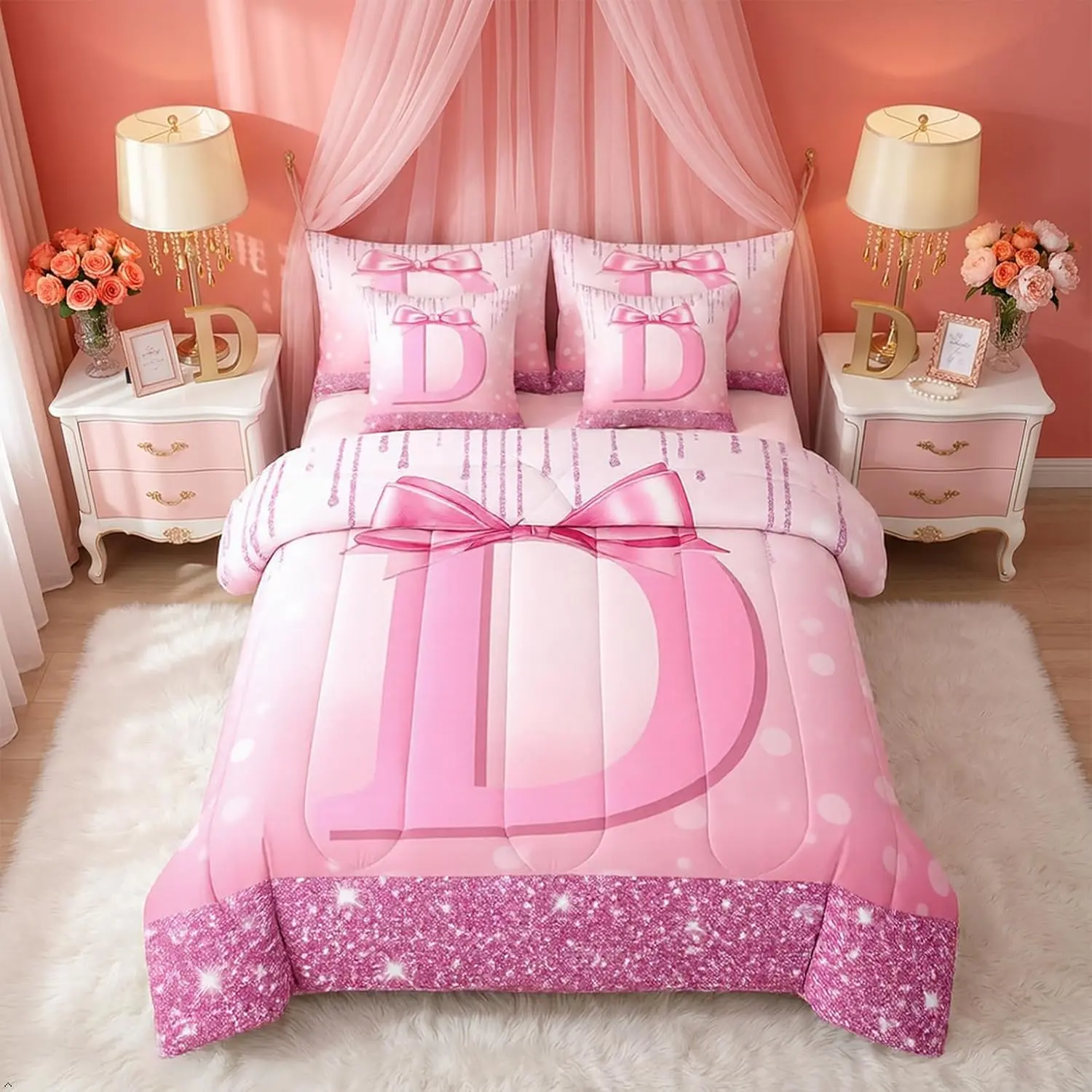 Pink Bowknot 7 Pieces Bedding Set for Princess Initial D Comforter Set with Sheets Monogrammed Glitter Bow Bed in A Bag Personalized Alphabet Bed Sets Gifts