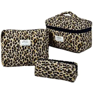 Floral Quilted Makeup Organizer Set Padded Cotton Cosmetic Bag Set in Leopard Print for Travel and Storage pattern multifunctional