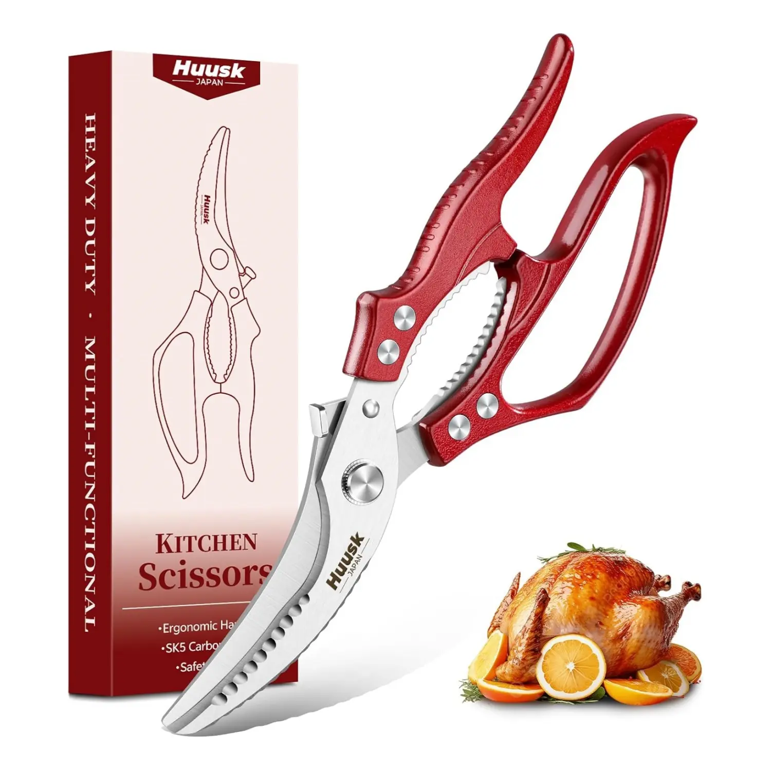 Huusk Poultry Shears Heavy Duty – All Purpose Kitchen Scissors for Chicken, Meat, Fish, Vegetables & Pizza with Ergonomic Non-Slip Red Handle, Gifts for Women Men