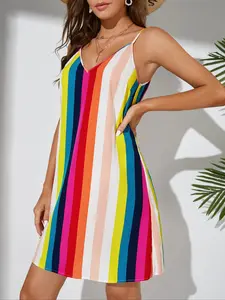 Rainbow Striped Print Spaghetti Strap Dress, Comfortable Fashion Summer Dress, Perfect for Beach & Travel Wear, Stylish Women's Clothing