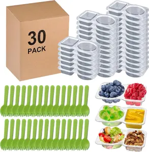 30pcs Double Compartment Condiment Containers with Lids Reusable Mini Snack Containers with Spoon for Meal Prep Sauce Sampling Travel Snack 4.45oz Capacity Airtight Storage Kitchen Utensils