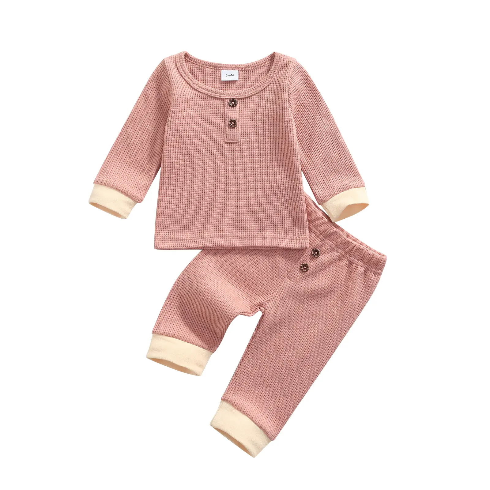 2 Pcs Infant Casual Outfits, Toddler Color Block Long Sleeve Round Neck Pullover + Pants with Buttons