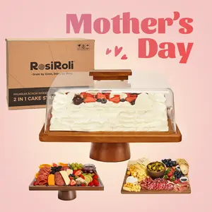 【NewYear2026】Acacia Wood Cake Stand 2in1 with Plastic Lid & Bowl-Square Cake Display Stand for Dessert/Fruit/Cheese/Chips/Donut-Organiser,Valentine’s Day Gift