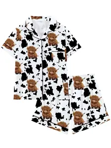 Teen Women Cute Animal Cow Pattern Sleepwear Set, Loungewear, Casual Loose-Fitting Short Sleeve Pajamas, Breathable, Comfortable for All Seasons