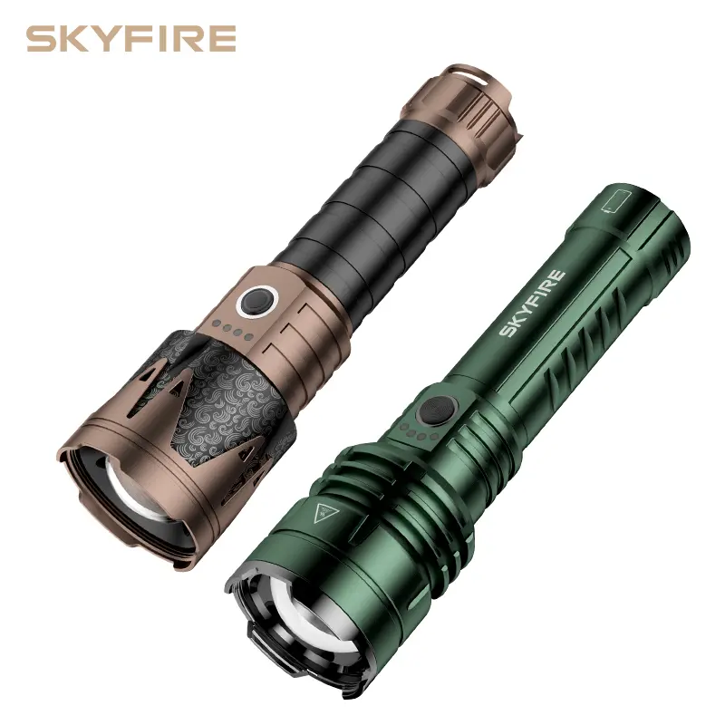 SKYFIRE Multifunctional LED Flashlight - 5000mAh Lithium Battery Cells, High Brightness, Focusable Spot/Flood Beam, Ignition Lens, Water Resistant, Adjustable, SOS Mode, Ideal for Hiking, Emergencies, Outdoor Gadgets, 16 Hours