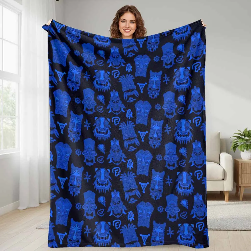 Tiki Mask Flannel Throw Blanket, Blue Tribal Totem Cultural Motifs, Flannel Fabric Plush Texture, Lightweight Soft Cozy Warm, Multi-Size Home & Outdoors Bed Sofa Decor Birthday Gift