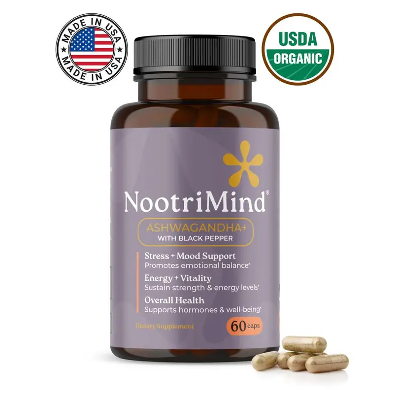 NootriMind Ashwagandha + Black Pepper Capsules for Stress & Mood Support Natural Organic Supplement Daily Ayurveda Formula USDA Organic