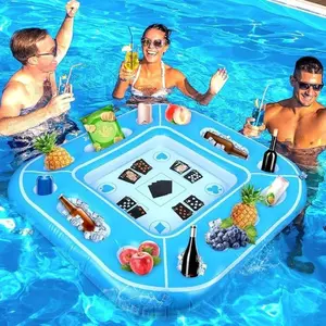 Inflatable Game Table, 39.3 X 39.3in Floating Card Table, Food & Drink Holders, Waterproof Playing Cards, Ideal for Summer Parties, Inflatable Pool Bar