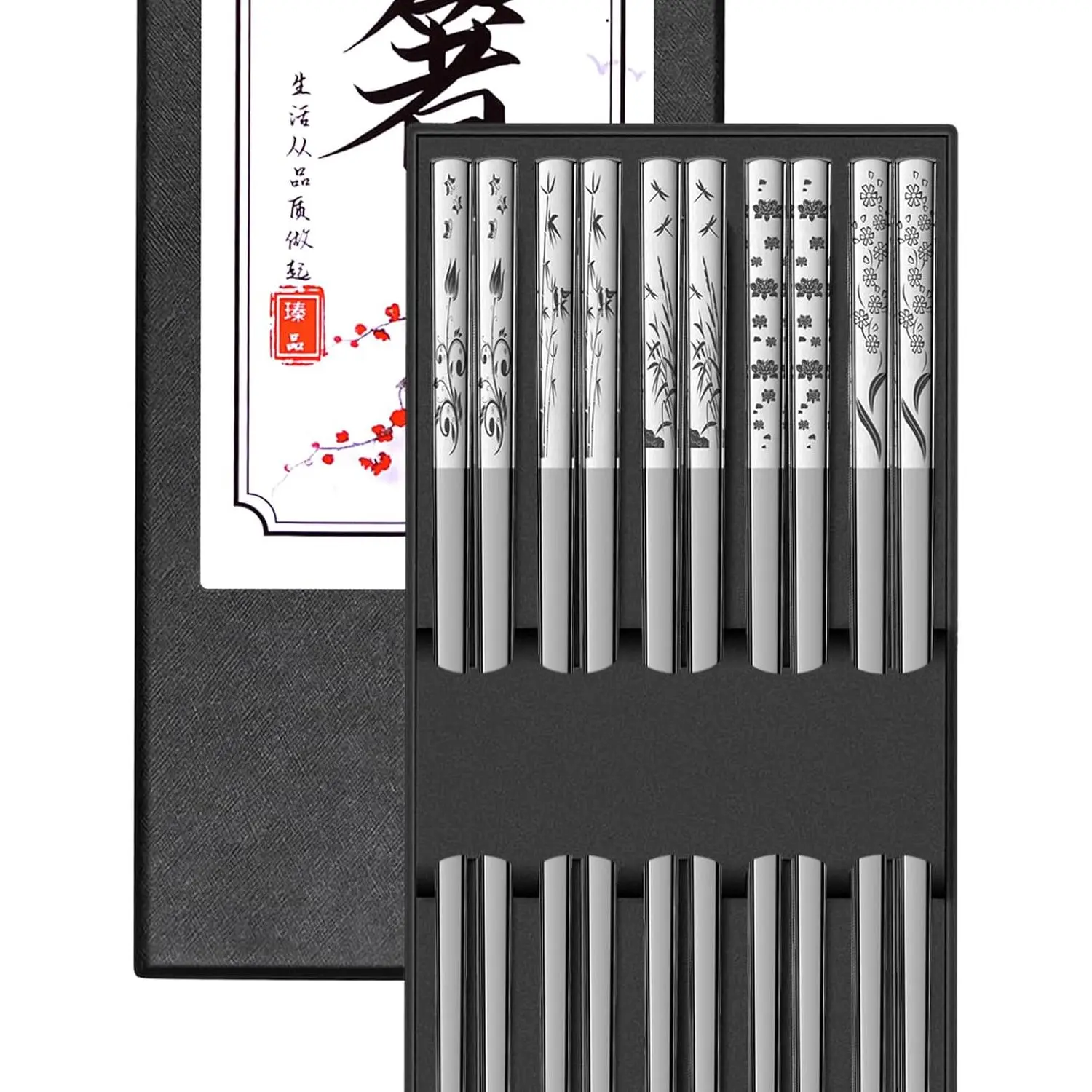 Metal Chopsticks Reusable 5 Pairs 18/8 Stainless Steel Chopstick Beautiful Engraving Patterns Dishwasher Safe Non-Slip  Korean Chop Sticks Present Set