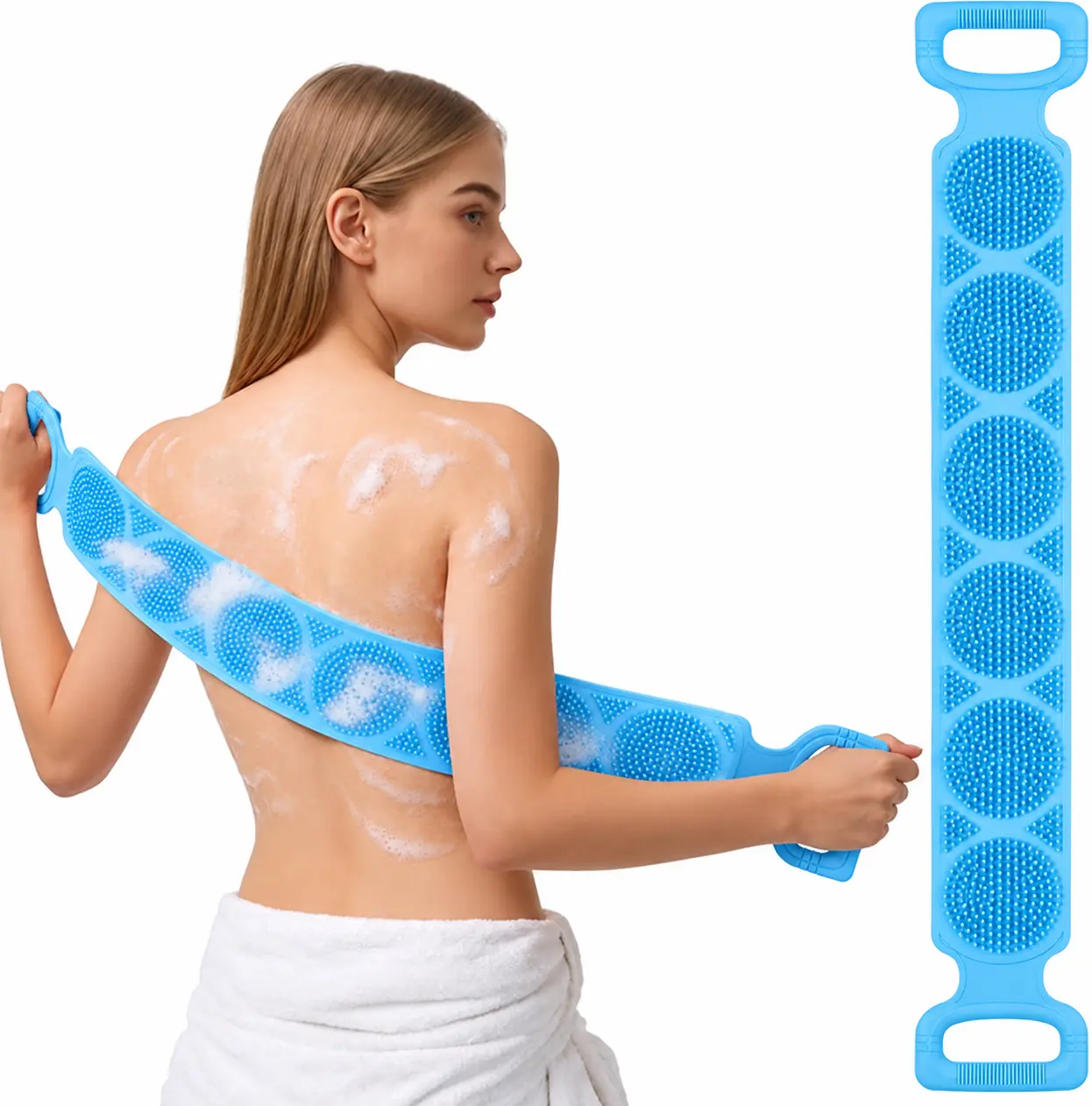 1PCS Silicone Bath Brush Accessories for Women - Double-Sided Exfoliating Back Scrubber with Mesh Sponge, Long Strap with Soft Bristles & Handles, Hanging Home Supplies Shower Tool for At-Home Self Care