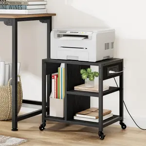 【GARVEE】4 Tier Under Desk Printer Stand with Wheels, Desktop Printer Stand with Power Outlets, Mobile Small Printer Table with Storage Shelf, Rolling Printer Cart for Home Office, Retro Black