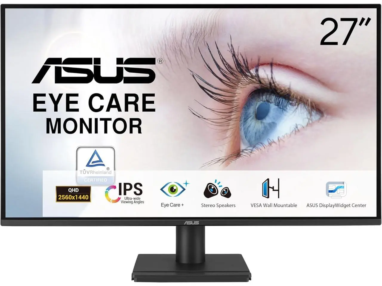 ASUS 27” 1440P Eye Care Monitor (VA27AQ) - IPS, QHD (2560 x 1440), 99% sRGB, Frameless, HDMI, DisplayPort, VGA, 1ms, Speakers,?Low Blue Light, Flicker Free, VESA Wall Mountable, 3 yr Warranty