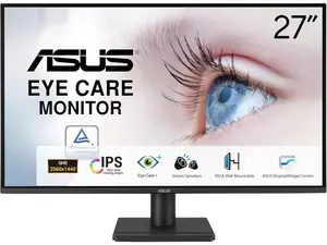 ASUS 27” 1440P Eye Care Monitor (VA27AQ) - IPS, QHD (2560 x 1440), 99% sRGB, Frameless, HDMI, DisplayPort, VGA, 1ms, Speakers,?Low Blue Light, Flicker Free, VESA Wall Mountable, 3 yr Warranty