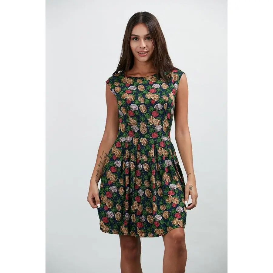 Pineapple All Over Print Pleated Skirt Fun Dress