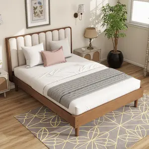 Queen Size Bed Frame with Piano Key Style Padded Headboard, Solid Wood Construction, Strengthened Wooden Frame for Minimalist Bedroom