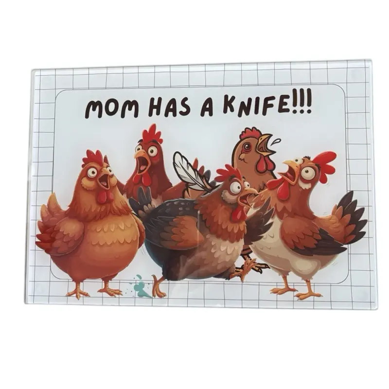 Funny Chicken Cutting Board for Mom | Small Glass Chopping Board with Funny Graphic | Novelty Kitchen Decor, Mother's Day Gift, Cute Cooking Gift