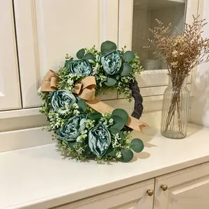 Elegant Blue Peony Wreath, Featuring Eucalyptus Greenery and Burlap Bow, Rustic Style Summer Porch and Wedding Decorations, Faux Floral Garland, Mixed Floral Wreath