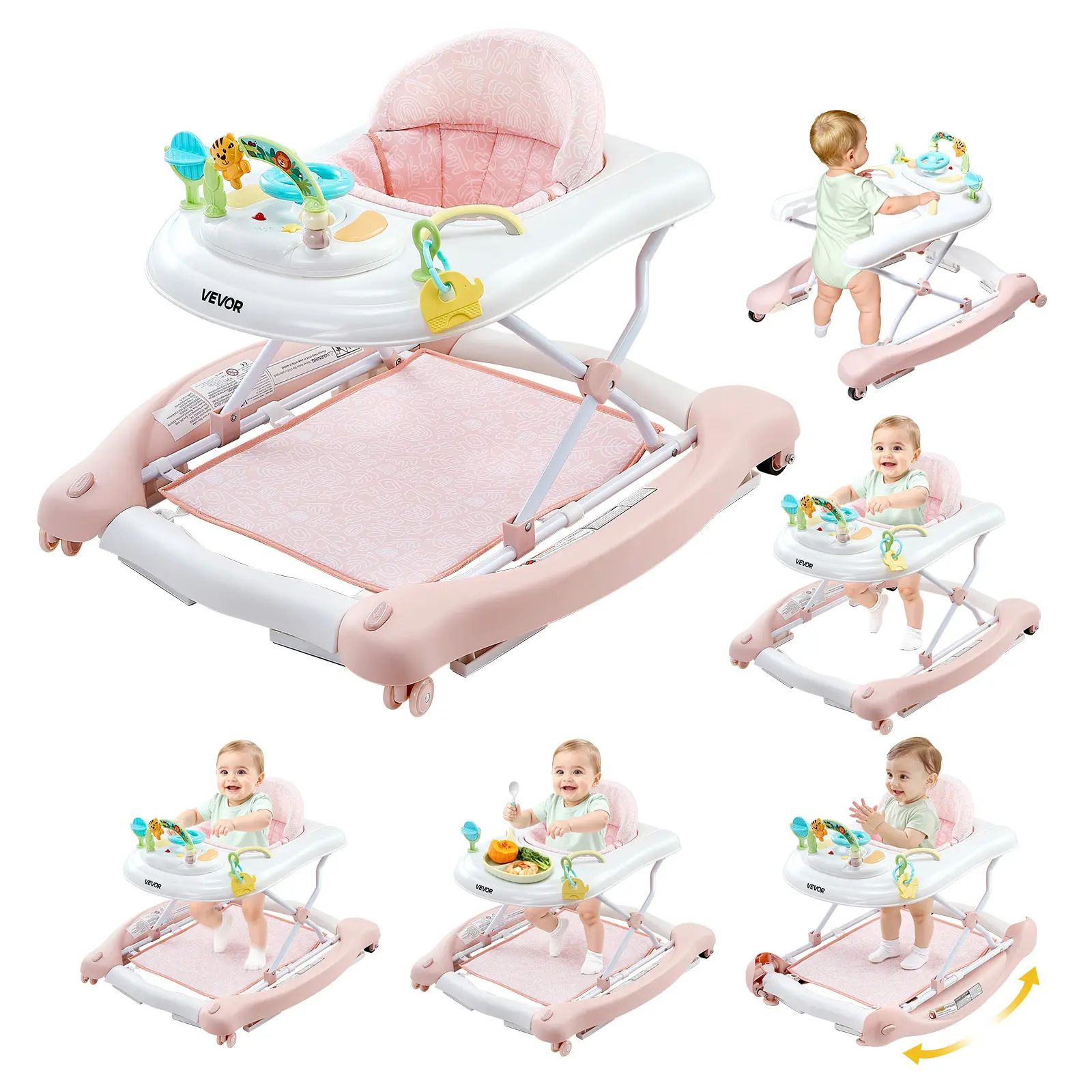 【Father's Day】VEVOR 5-in-1 Baby Walker, Folding Baby Activity Center on Wheels, Height Adjustable Rocker Bouncer Walker with Comfortable High-Back Seat, Anti-Rollover Toddler Walking Helper for 6-24 Month Boy Girls