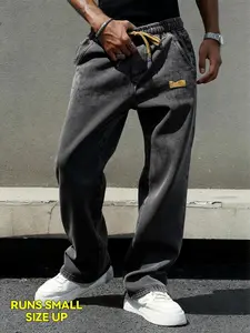 Men's four-season drawstring elastic waist washed and distressed loose straight plain jeans, non-stretchy denim pants, Streetwear, loose fit, suitable for daily casual wear, urban gatherings, and weekend fashion looks, a must-have men's pants