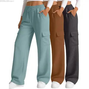 3 Pack Women's Cargo Sweatpants Wide Leg Baggy Loose Elastic Drawstring Pants Casual Athletic Joggers with 4 PocketsDD20BarkBouquet