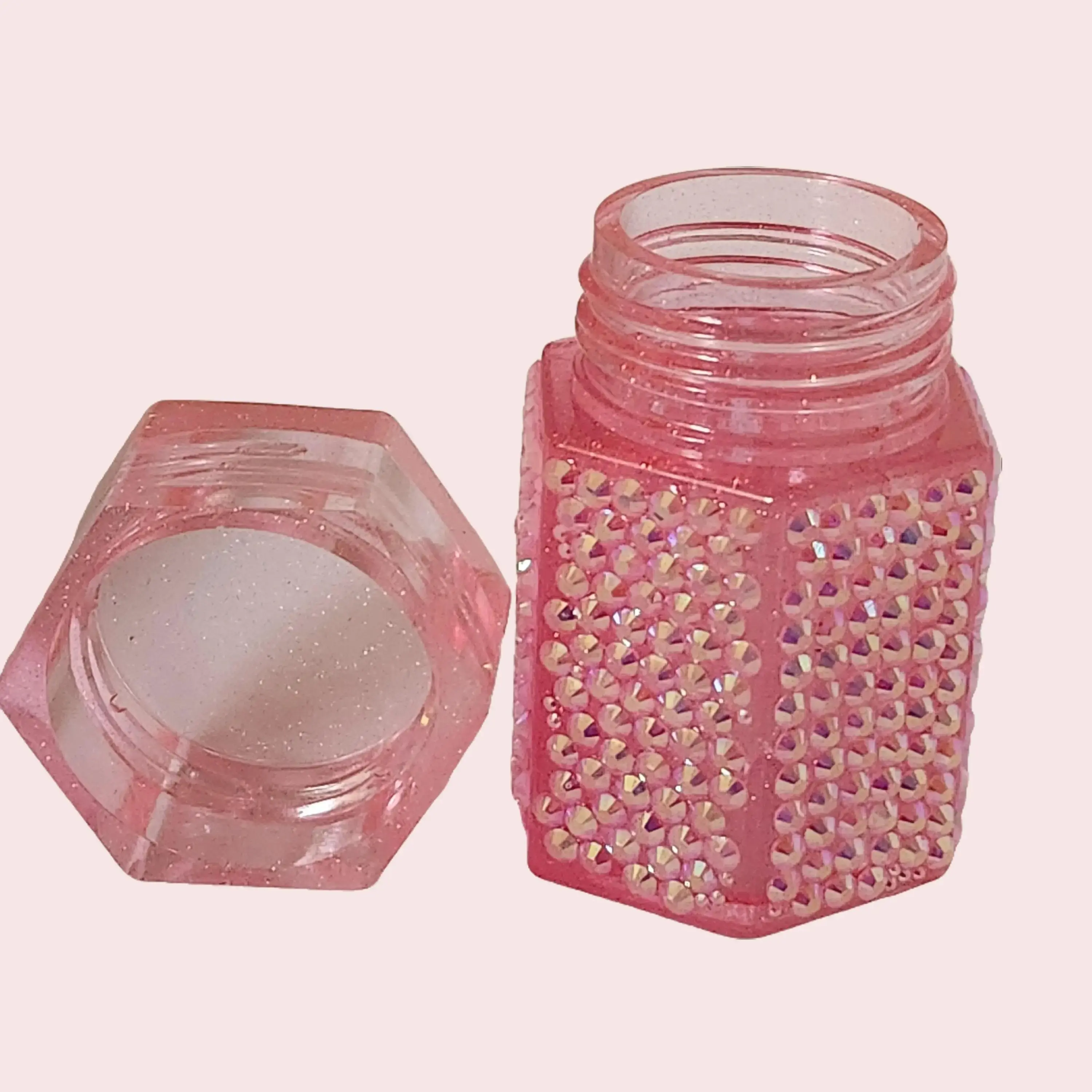 Handmade Glittery Pink Rhinestone Jar with Screw-On Lid - Decorative Jar for Jewelry, Candy, or Treasures - Bottles