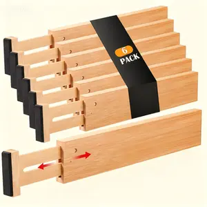 Adjustable Drawer Dividers 6-Pack, Wooden Dresser Organizer for Clothing Socks Underwear, Nursery Storage Separators Expandable 12.5 to 17 Inches, Soft Foam Padding Ends, Reusable