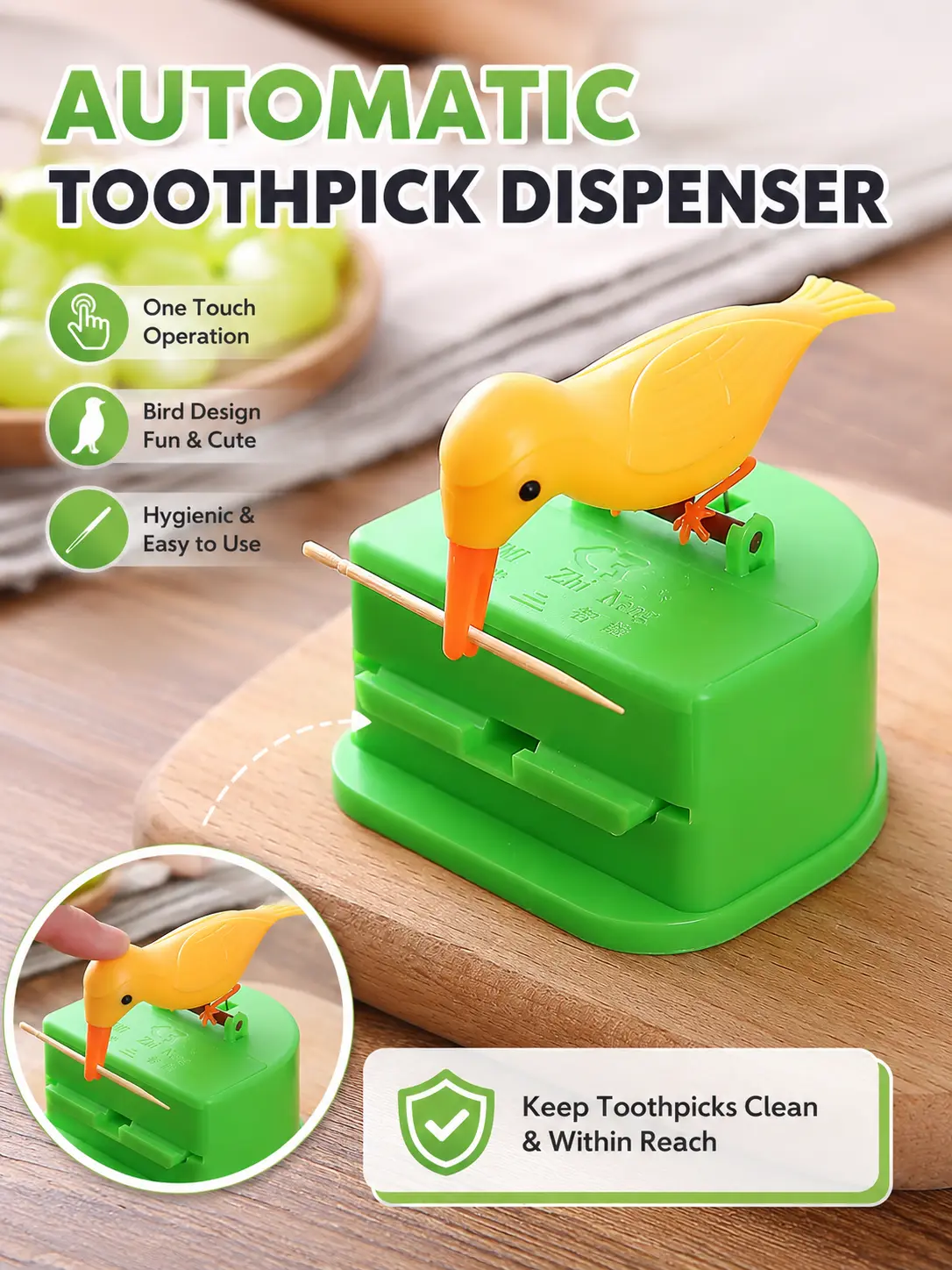 Automatic Bird Toothpick Dispenser – One-Touch Hygienic Toothpick Holder, Dustproof Toothpick Box for Kitchen, Dining Table & Restaurant