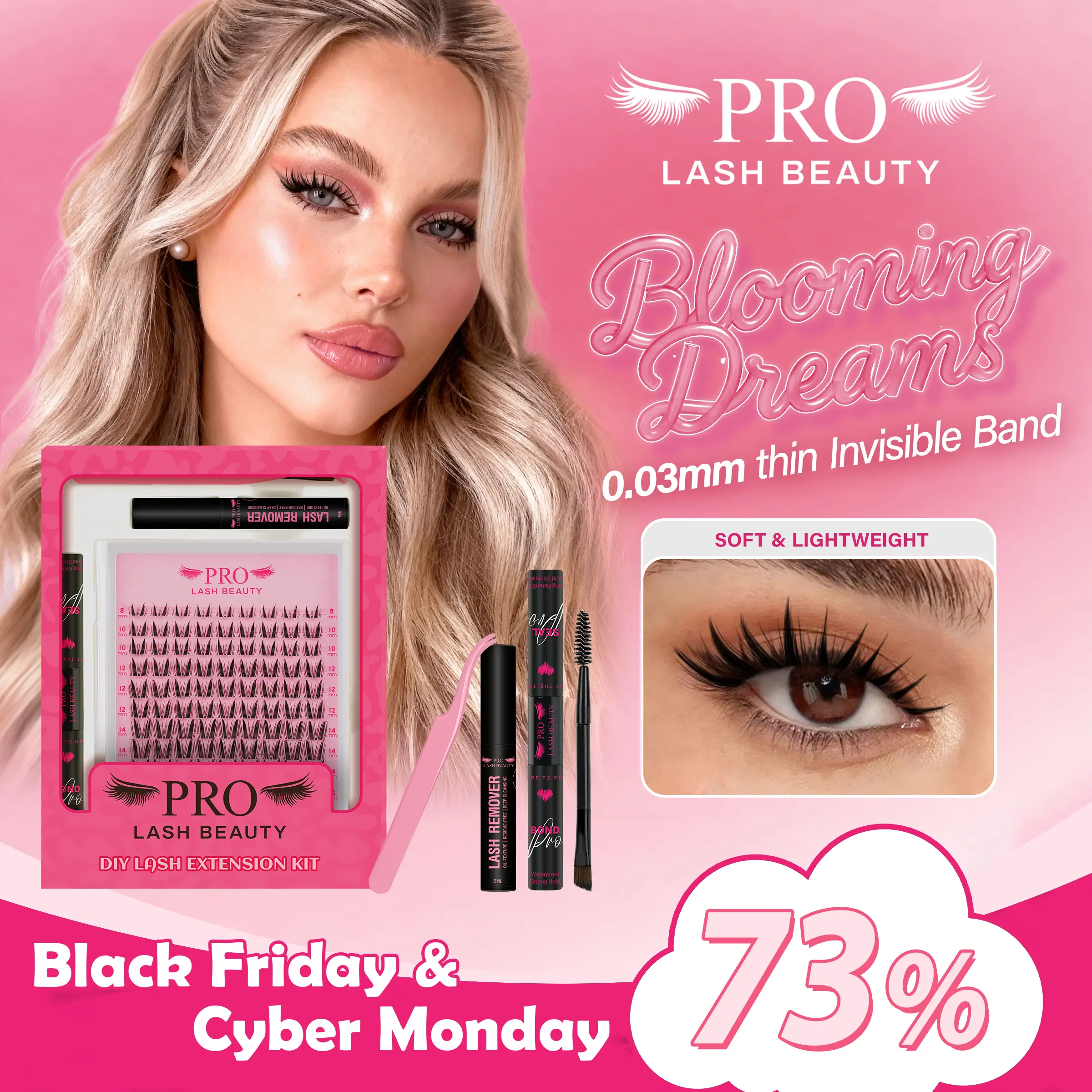 73% Hot Fresh Launch ProLashBeauty Anime Lashes Cluster Extension Kit - DIY C D Curl Eyelashes with Remover for Volume Length - Cosmetic Makeup