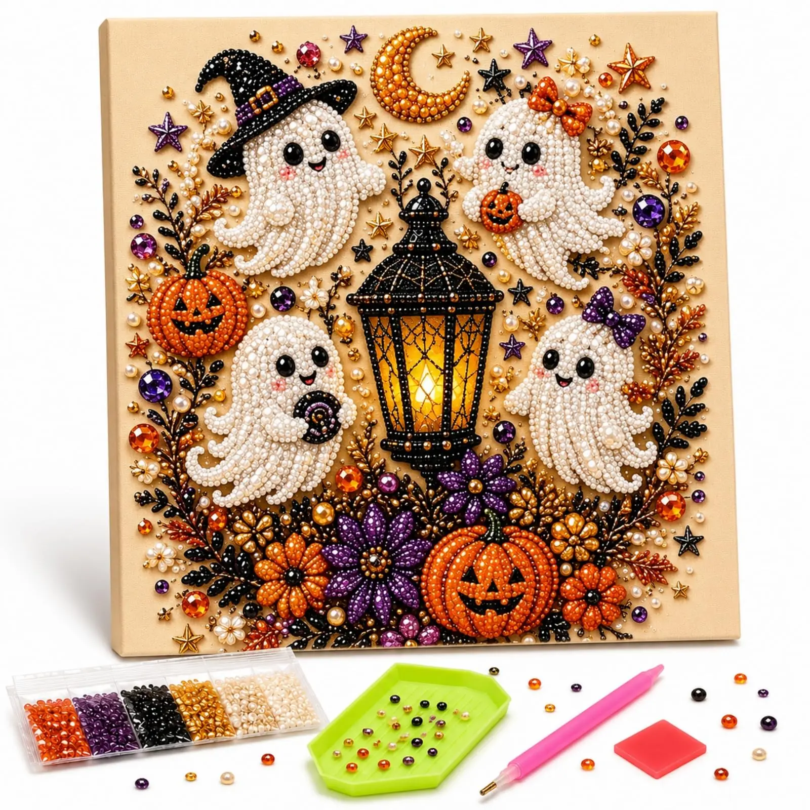 Halloween Diamond Art, Halloween Ghost Pearl Art DIY Kit - Turn Tiny Pearls Into Spooky-Cute Magic, DIY Fall Home Decor Wall Arts, Beginner DIY Seasonal Party Gift
