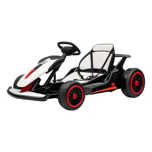 24V high-speed drift go-kart with dual 200W motors, reaches 8.1 mph with 360-degree spins. Fits ages 6 and up, supports 110 pounds. Available in seven color options including white, black, blue-white, and red-white.