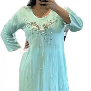 Women's 2-Piece Elegant Mint Green Long-Sleeve Kurta Dress Set with Matching Pant, Casual Fabric, Floral Embroidery, Beaded Details, Lady-Focused Women's Clothes