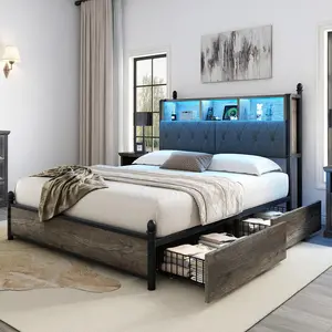 AMERLIFE Modern Bed Frame with Bookcase Headshelf and 4 Storage Drawers, Wooden Platform Bed with Charging Station and LED Light, No Box Spring Needed, Luxury Furniture Design/Full/Queen/King Size(ships in 2 boxes)/Best Gift Ideas/Christmas Gifts