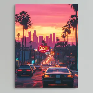 Los Angeles Sunset Cityscape Canvas Art Print 30.48x40.64 cm - Vibrant Retro Movie Poster with Vehicles, Frameless Minimalist Wall Decor for Living Room, Bedroom, Office & Cafe - Perfect Gift for Friends & Family, City Wall Art| Retro Wall Art| Frameless