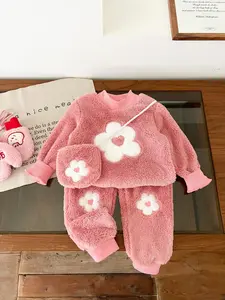Baby Girl Fleece Knit Gift Set, Heart Embroidery Long Sleeve Top + Matching Bag + Pants, Cute Fall & Winter