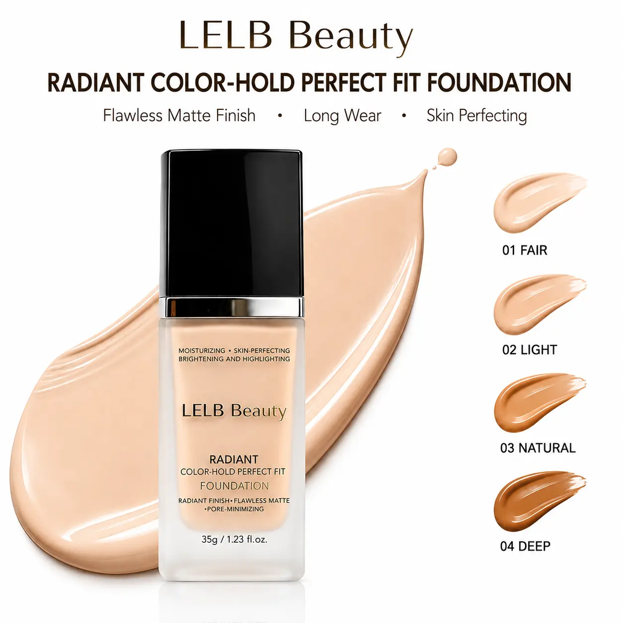 [LELB Beauty] Waterproof Long-Wear Foundation for Oily Skin, Hydrating Soft Matte Blurring Finish Makeup, Full Coverage Lightweight Liquid Foundation, Blemish-Covering & Pore-Refining Formula, 4 Shades, 1.23 fl oz