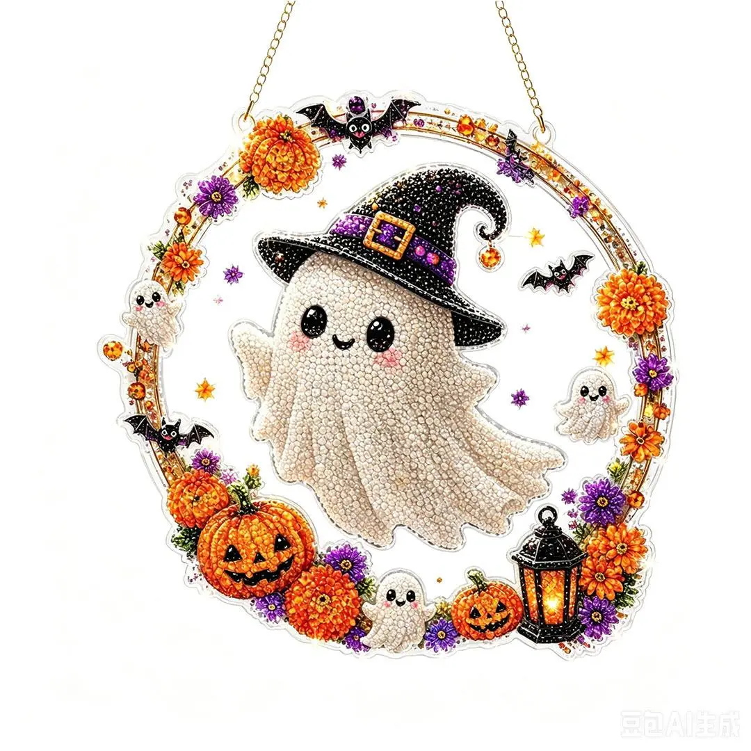 9.84in Halloween Diamond Painting Hanging Ornament Kit - Acrylic Rhinestone Craft with Black Cat Moon, Skull, Pumpkin Suncatcher, DIY for Adults, Spooky Home Window Wall Decor Gift