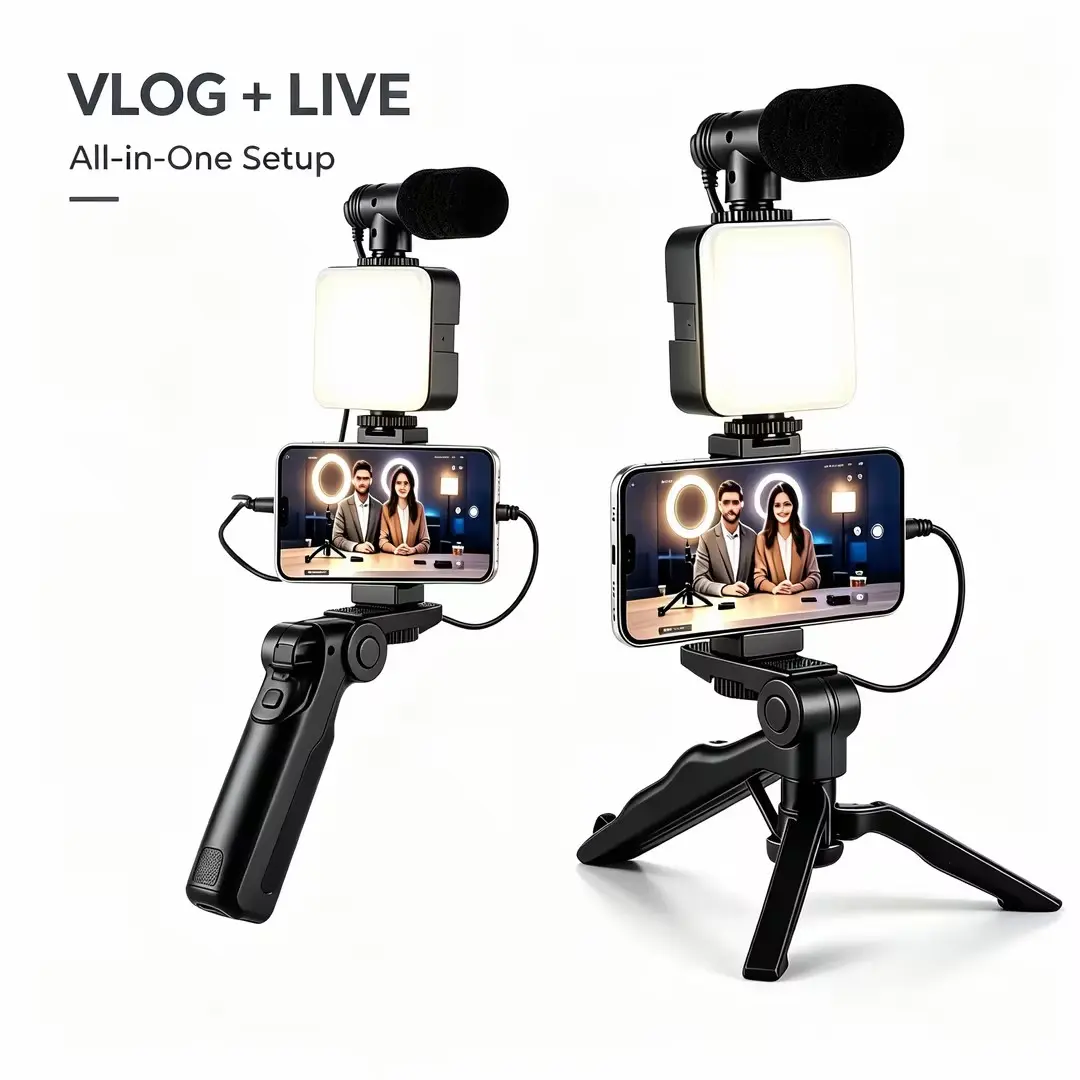Lightweight Compact Portable Mobile Phone Tripod Podcast Vlog Kit with Bluetooth Tripod Remote, LED Light, Microphone for Live Streaming, Outdoor Recording - Cellphone Accessories