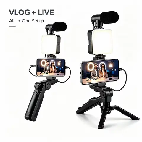 Lightweight Compact Plastic Mobile Cellphone Tripod Kit - Wireless Tripod Remote, LED Face Lighting, Microphone, Mini & Compact Selfie Accessories, Live Streaming Kit for Outdoor Recording (Cellphone Accessories)