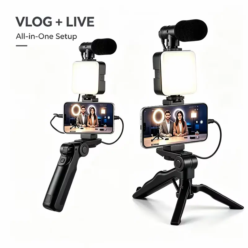 Lightweight Compact Plastic Mobile Cellphone Tripod Kit - Wireless Tripod Remote, LED Face Lighting, Microphone, Mini & Compact Selfie Accessories, Live Streaming Kit for Outdoor Recording (Cellphone Accessories)