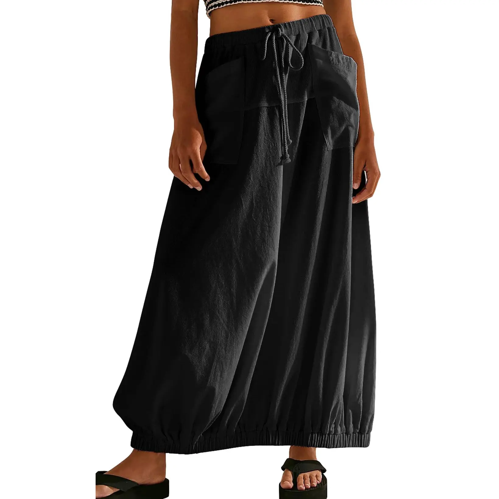 Chouyatou Women's Loose Cotton Basic Lady's Bottom Skirt - Comfortable Casual, Drawstring, Pockets, Elastic Cord Hem, Minimalist Design,back to school shopping, Women's Clothes